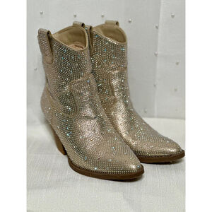 Forever Women's Sparkly Rhinestone Cowboy Ankle Boots, Chunky Heels, Size 8 1/2